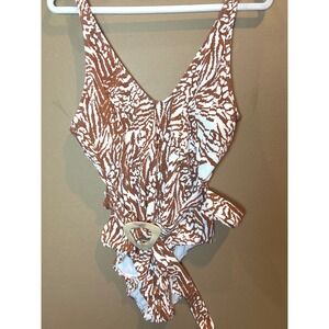 Time and Tru One Piece Swimsuit Womens XL Brown White New Belted Animal Print
